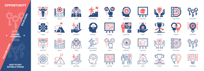 Opportunity icon set. Goal Setting, Perseverance, Mission, Profit, Education, Investment, Choice, Fresh Idea. Duotone color solid and editable outline icons