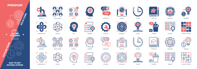Paradigm icon set. Philosophy, Science, Theory, Thought Pattern, Rhetoric, Postulate, Example, Sociology. Duotone color solid and editable outline icons