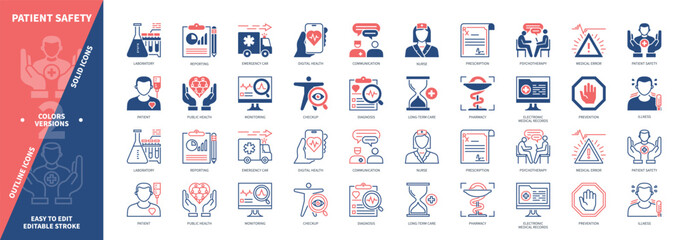 Patient Safety icon set. Communication, Medical Error, Diagnosis, Public Health, Pharmacy, Psychotherapy, Reporting, Nurse. Duotone color solid and editable outline icons