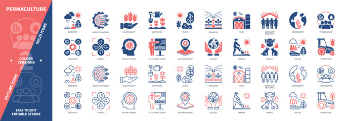 Permaculture icon set. Ecosystem, Agriculture, Settlement Design, Ecology, Land Management, Community Resilience, Resources, Synergy. Duotone color solid and editable outline icons