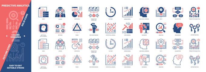 Predictive Analytics icon set. Machine Learning, Data Mining, Statistics, Opportunities, Prediction, Analysis, Algorithm, Artificial Intelligence. Duotone color solid and editable outline icons