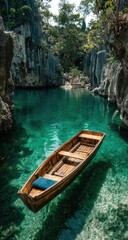 Obraz premium A wooden boat floats serenely in a crystal-clear turquoise lagoon, surrounded by limestone cliffs and lush vegetation