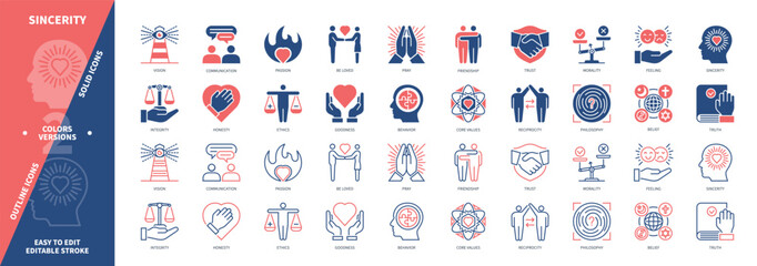 Sincerity icon set. Goodness, Core Values, Beliefs, Pray, Communication, Morality, Friendship, Integrity. Duotone color solid and editable outline icons