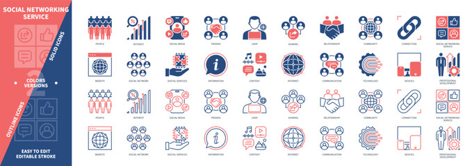 Social Networking Service SNS icon set. Devices, Community, Content, Sharing, People, Digital Services, Relationship, Communication. Duotone color solid and editable outline icons