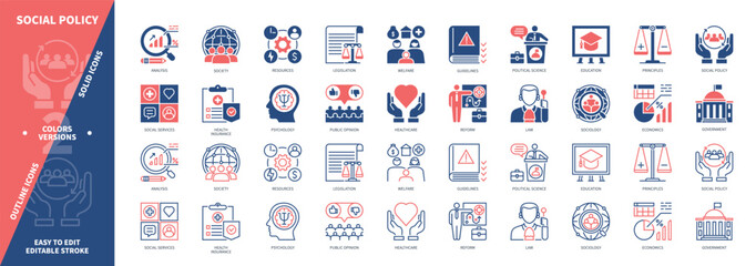 Social Policy icon set. Government, Political Science, Legislation, Social Services, Public Opinion, Welfare, Reform, Education. Duotone color solid and editable outline icons