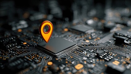A bright orange location pin sits atop a dark gray CPU chip on a complex circuit board