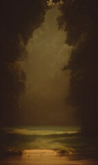 Obraz premium Mystical gold light in hazy forest