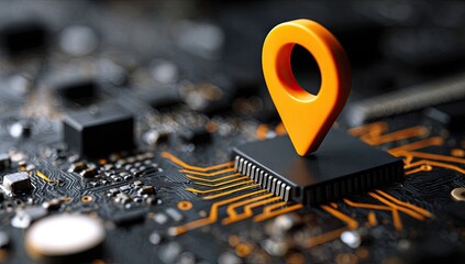 Orange location pin atop a black circuit board chip.  Close-up view of intricate circuit pathways and components.  Digital technology,  geographic positioning