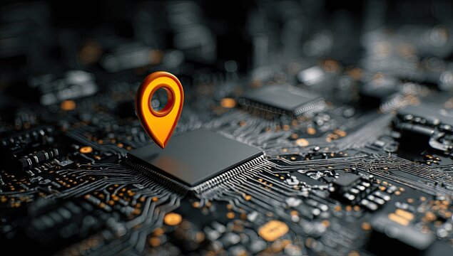 A bright orange location pin sits atop a dark gray CPU chip on a complex circuit board