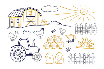 Farm illustration: a whimsical barnyard scene featuring a classic tractor, charming farm buildings, fluffy chickens, hay bales, and sunshine in a sketch style.