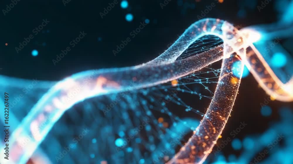Poster dna double helix rotating with glowing particles in a dark background