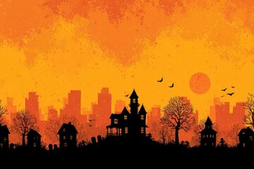 Silhouette of houses and buildings with a large sun in the background