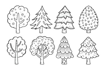 Variety of Trees: A detailed outline of several stylized trees in a line art style, perfect for a design. 