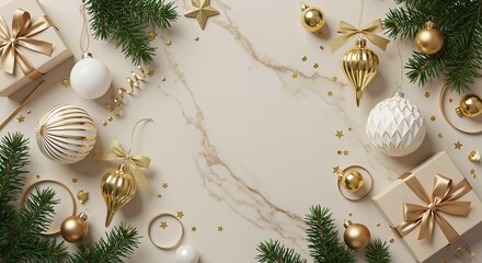 Christmas frame with gold white ornaments gifts and evergreen branches on marble background. Elegant holiday border for luxury seasonal marketing campaigns