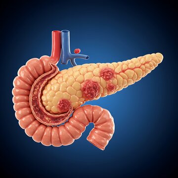  The pancreas depicted with visible signs of chronic pancreatitis: calcifications, fibrosis, and atrophy, contrasting healthy pancreatic tissue with diseased areas. Emphasize the irregular texture and