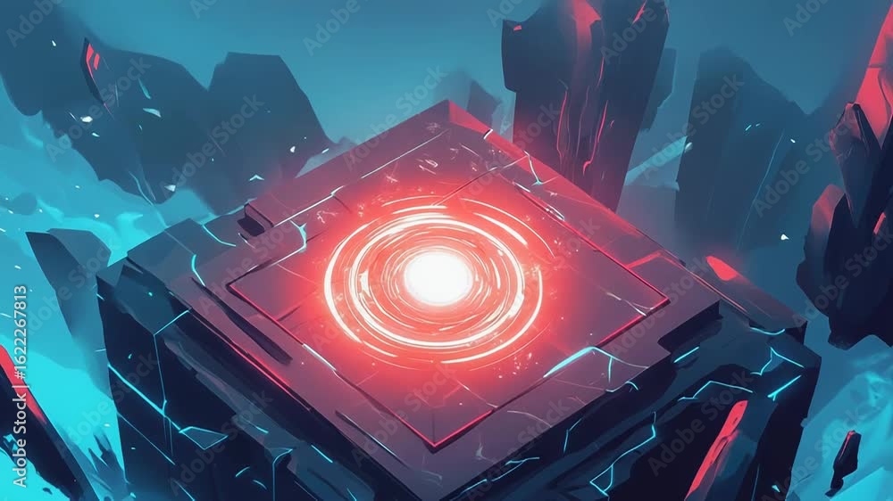 Poster mysterious glowing cube floating in a surreal landscape