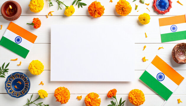 Indian independence day background with flags, flowers and diya oil lamps,Blank white space to write text on a festive concept, Decorative items for Republic day of India