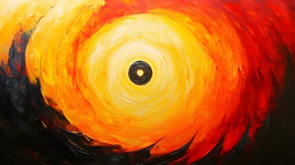 Abstract swirling fiery sun artwork, orange yellow red black impasto texture painting