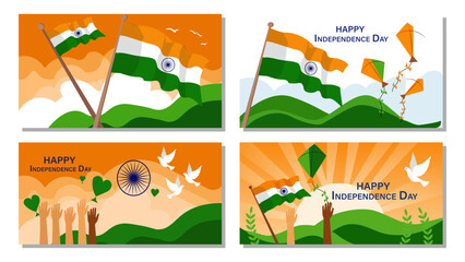 Happy Independence Day India Vector Banner Set - Patriotic Tiranga Flags, Kites & Celebration Graphics