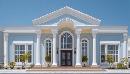 Light blue, classical style house with white trim and columns