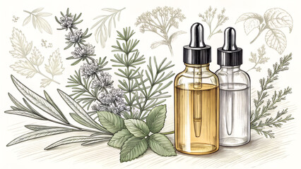 **Elegant Glass Beard Oil Bottles with Botanical Sketches of Rosemary and Sage with Copy Space**  