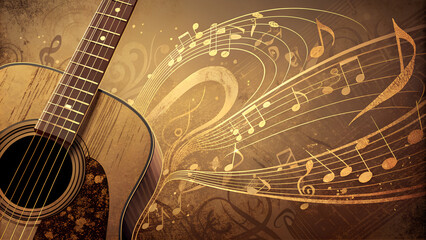 **Close-Up of Vibrating Guitar Strings in Warm Browns and Golds with Abstract Musical Notes and Copy Space**  