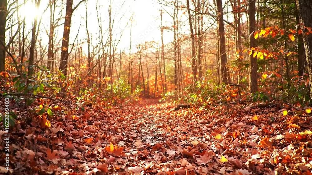 Poster sunlit path through an autumn forest. fallen leaves cover the ground, creating a vibrant carpet of o