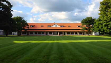 A long, low building with a red tiled roof, framed by trees, under a cloudy sky.