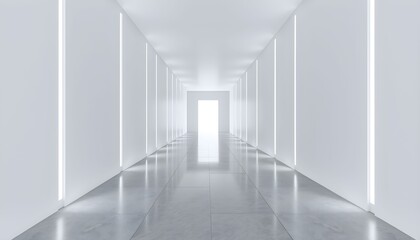 Empty, bright white hallway with a single door at the end, reflecting light.