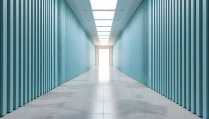 Modern minimalist hallway with light blue walls, marble floor, and bright light at the end.