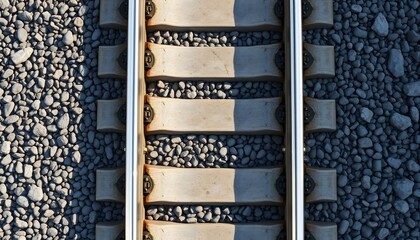 Overhead view of railway tracks with concrete sleepers and gravel ballast.