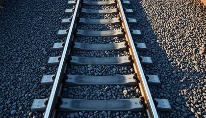 Railway tracks stretch into the distance, composed of steel rails and wooden sleepers, set upon a bed of gravel.