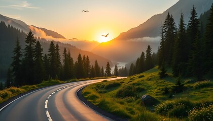 Winding mountain road at sunrise, with lush greenery and misty peaks.
