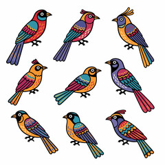 Colorful stylized birds collection, whimsical pattern, decorative elements