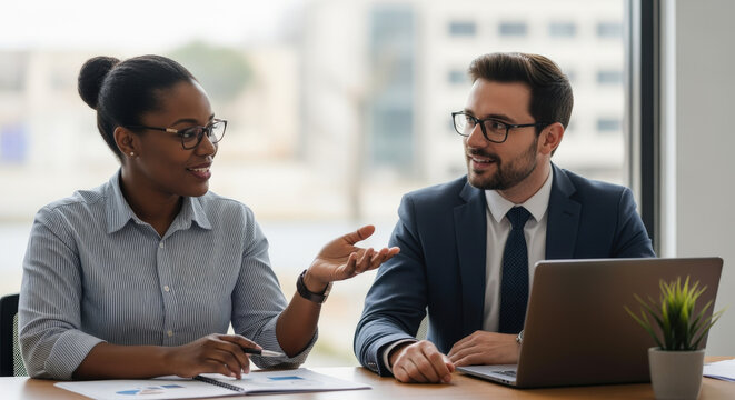 Business Colleagues Discussing Project at Office Desk.