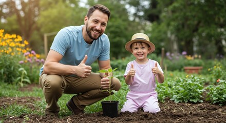 Father and son giving thumbs up with plant seedling in garden. Light blue polo shirt, pink overalls, straw hat, colorful flowers background. Summer gardening success concept