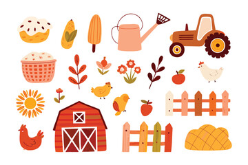 Fototapeta premium Rustic Farm Elements: An array of charming illustrated farm elements, showcasing a red barn and other country life essentials.