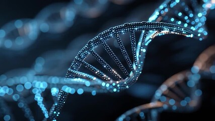 Dynamic DNA structure with glowing blue particles, representing scientific innovation and medical advancements