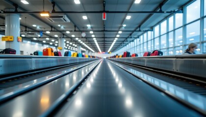 Modern airport corridor with moving walkway and colorful seating.