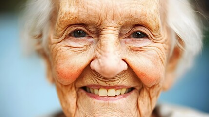 Closeup Portrait of a Smiling Elderly Woman Wrinkled Skin Happy Face