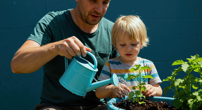 Father teaching blonde toddler watering plants with turquoise can. Green t-shirt, striped shirt, teal background. Environmental education gardening concept