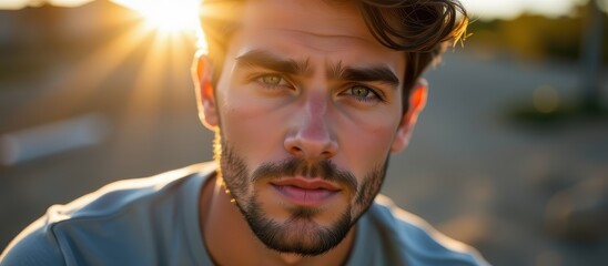 A man with striking features and sunlight behind him.