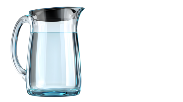 A single, modern, sleek water filter pitcher, empty and clean, isolated on a pure Transparent Background.