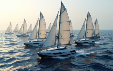 Fototapeta premium Sailboats with white sails gliding over calm water at sunset.