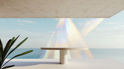 Modern minimalist oceanfront terrace with rainbow light reflections