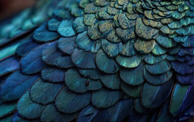 Close-up view of overlapping, vibrant teal and blue bird feathers