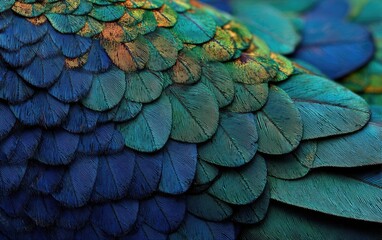 Close-up view of a vibrant bird's wing, showcasing intricate feather patterns in shades of blue, green, and gold