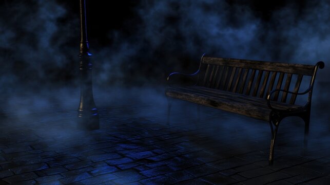 A solitary wooden bench sits on a cobblestone street, its dark silhouette contrasting against the cool blue light.