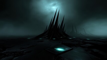 A dark, mysterious landscape with a glowing blue light source in the center.