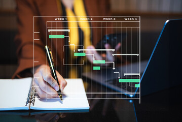 Hands typing on laptop with a digital Gantt chart overlay. Ideal for project planning, scheduling, productivity, workflow,